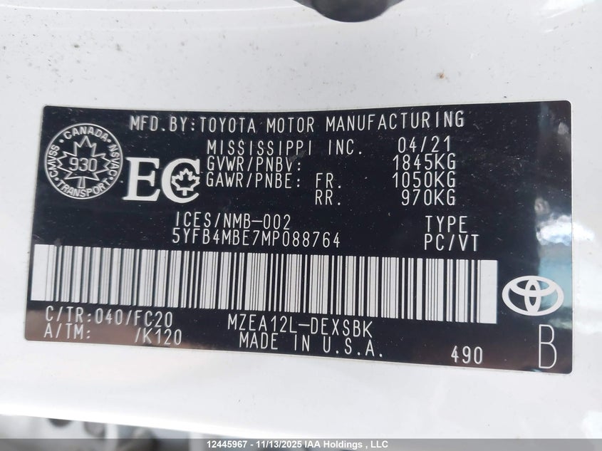 5YFB4MBE7MP088764 2021 TOYOTA COROLLA photo no. 9
