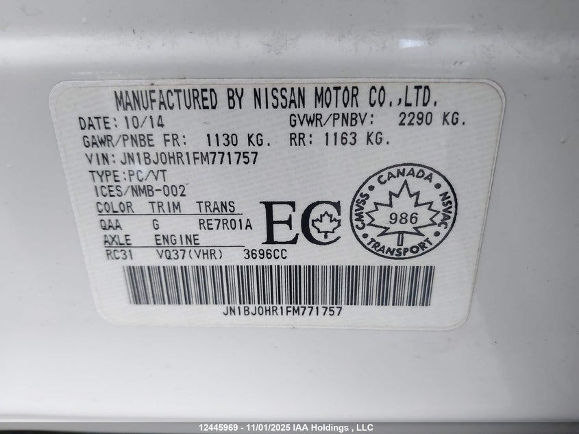 2015 Infiniti Qx50 VIN: JN1BJ0HR1FM771757 Lot: 12445969