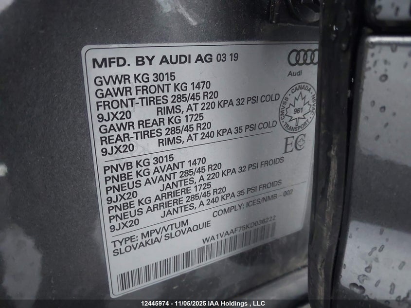 2019 Audi Q7 55 Technik VIN: WA1VAAF75KD036222 Lot: 12445974