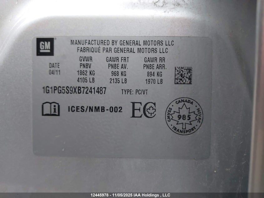 1G1PG5S9XB7241487 2011 CHEVROLET CRUZE photo no. 9