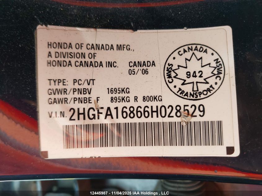 2006 Honda Civic VIN: 2HGFA16866H028529 Lot: 12445987