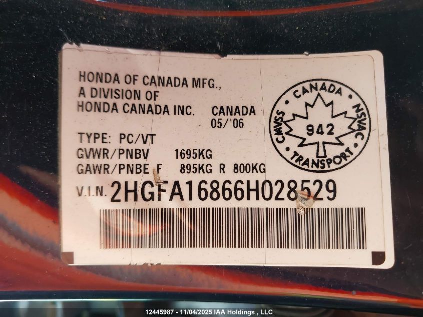 2006 Honda Civic VIN: 2HGFA16866H028529 Lot: 12445987