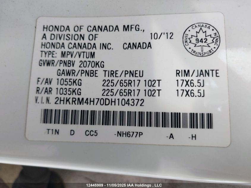 2013 Honda Cr-V Ex-L VIN: 2HKRM4H70DH104372 Lot: 12445989