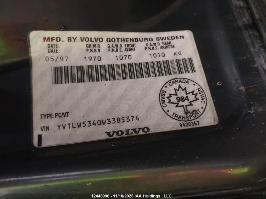 1998 Volvo V70 T5 Turbo VIN: YV1LW5340W3385374 Lot: 12445996