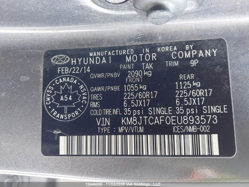 2014 Hyundai Tucson Gls VIN: KM8JTCAF0EU893573 Lot: 12446000