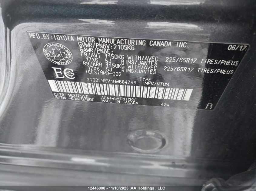 2017 Toyota Rav4 Le VIN: 2T3BFREV1HW664749 Lot: 12446008