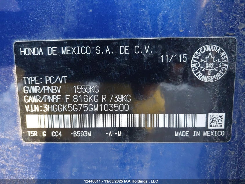 3HGGK5G75GM103500 2016 HONDA FIT photo no. 9