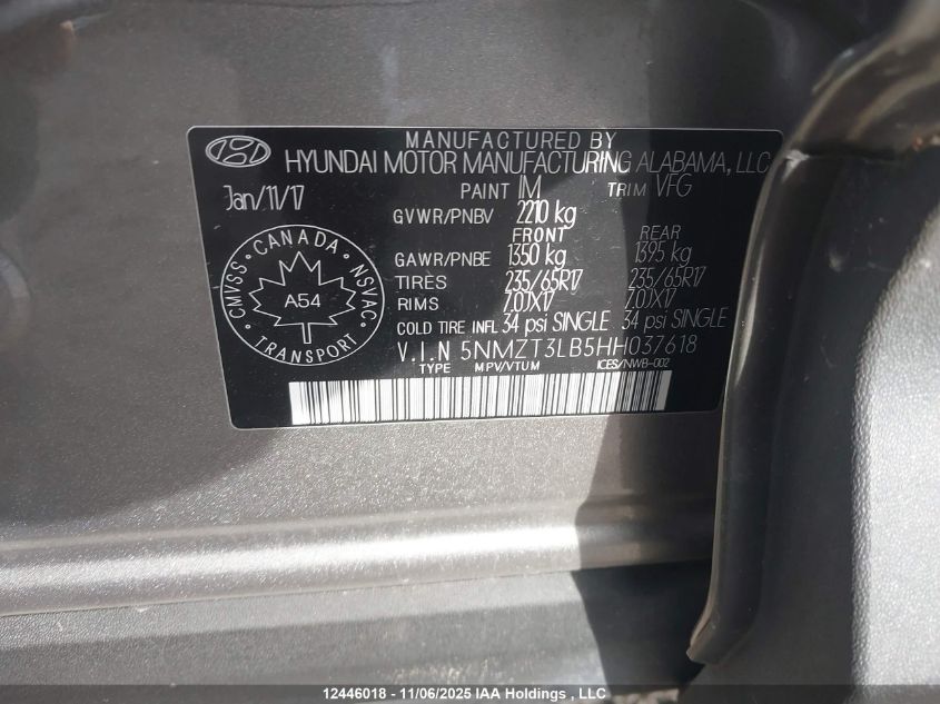 2017 Hyundai Santa Fe VIN: 5NMZT3LB5HH037618 Lot: 12446018