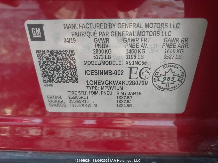 2019 Chevrolet Traverse Lt VIN: 1GNEVGKWXKJ280709 Lot: 12446029