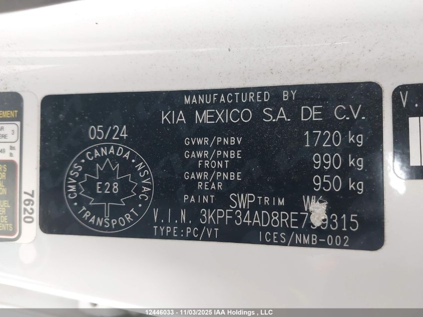 2024 Kia Forte VIN: 3KPF34AD8RE799315 Lot: 12446033