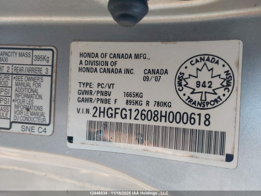 2008 Honda Civic Lx VIN: 2HGFG12608H000618 Lot: 12446034