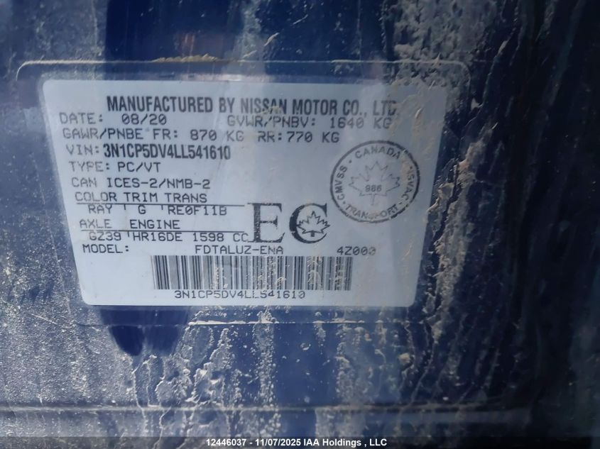 2020 Nissan Kicks Sr VIN: 3N1CP5DV4LL541610 Lot: 12446037