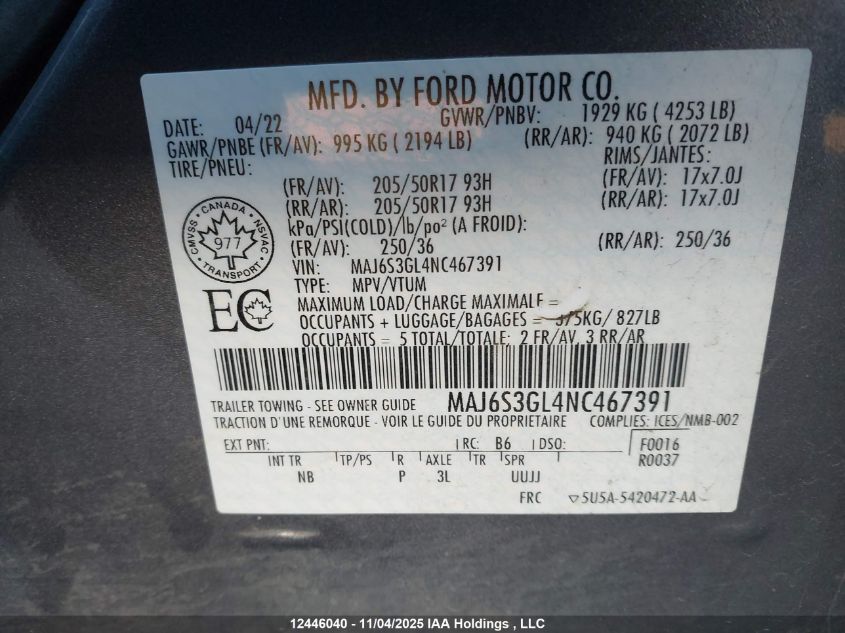 2022 Ford Ecosport Se VIN: MAJ6S3GL4NC467391 Lot: 12446040