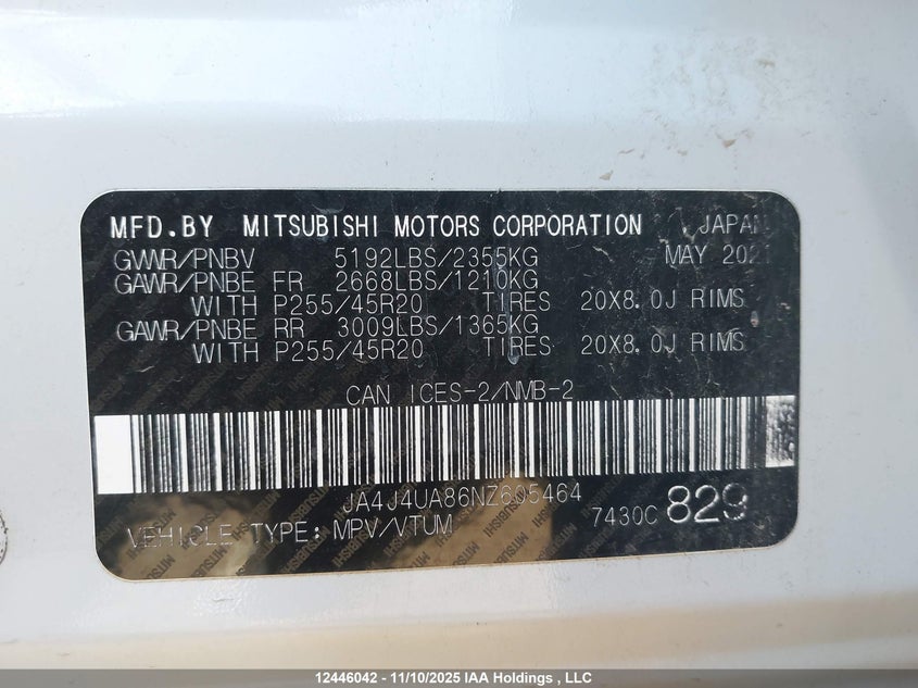 JA4J4UA86NZ605464 2022 MITSUBISHI OUTLANDER photo no. 9
