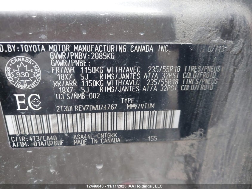 2T3DFREV7DW074767 2013 TOYOTA RAV 4 photo no. 9
