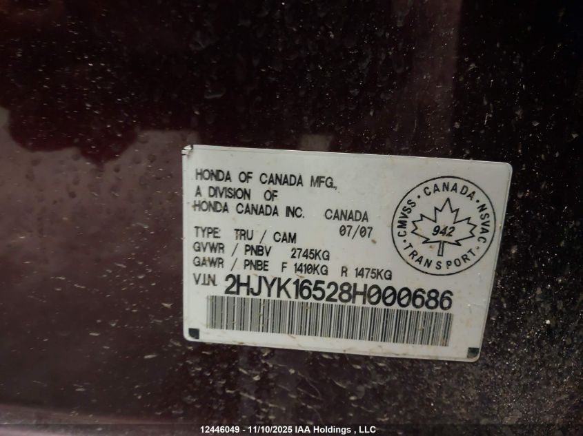 2008 Honda Ridgeline Ex-L VIN: 2HJYK16528H000686 Lot: 12446049