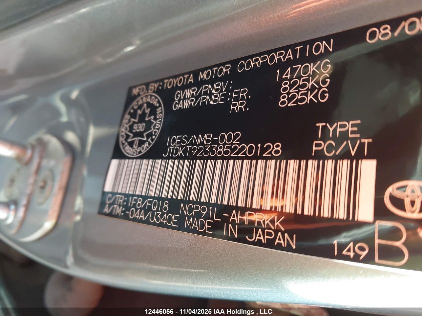 2008 Toyota Yaris VIN: JTDKT923385220128 Lot: 12446056