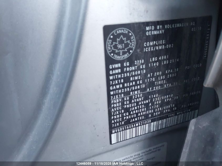 2010 Volkswagen Tiguan Se/Sel VIN: WVGBV7AX8AW521038 Lot: 12446059