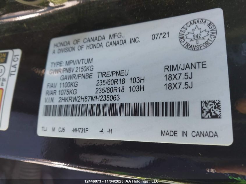 2021 Honda Cr-V Ex-L VIN: 2HKRW2H87MH235063 Lot: 12446073
