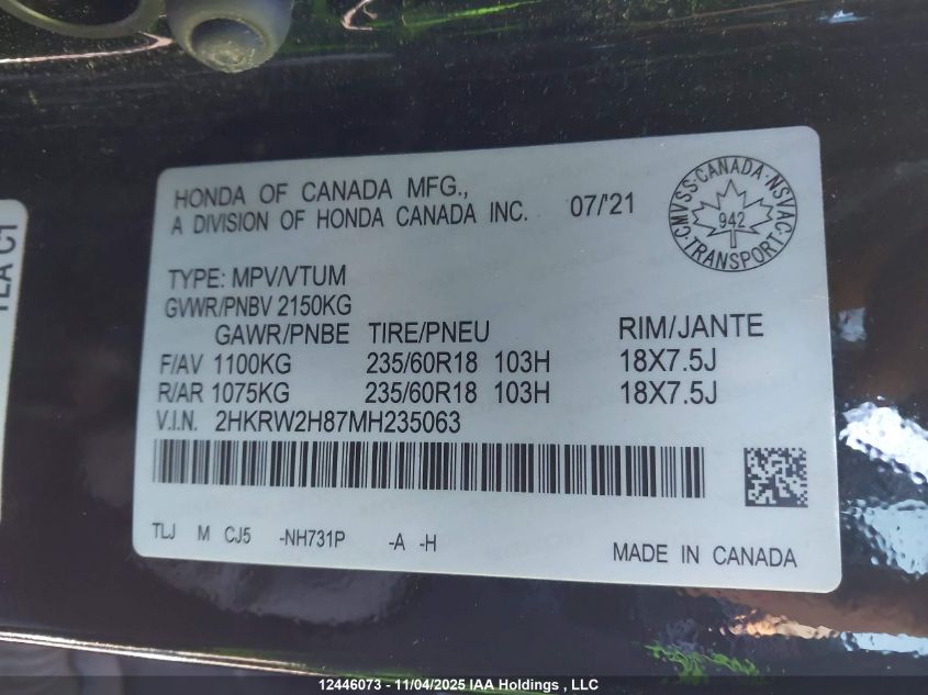 2021 Honda Cr-V Ex-L VIN: 2HKRW2H87MH235063 Lot: 12446073