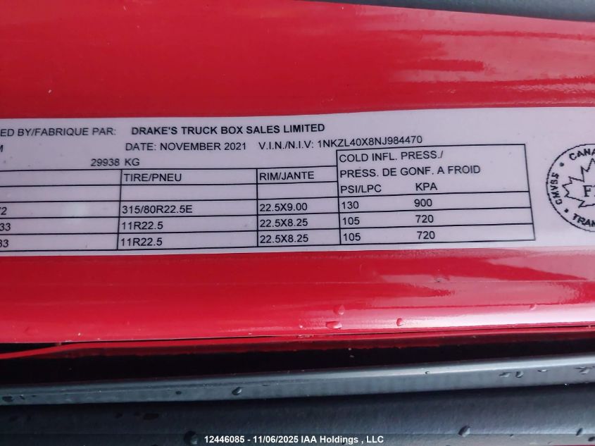 2022 Kenworth T880 VIN: 1NKZL40X8NJ984470 Lot: 12446085