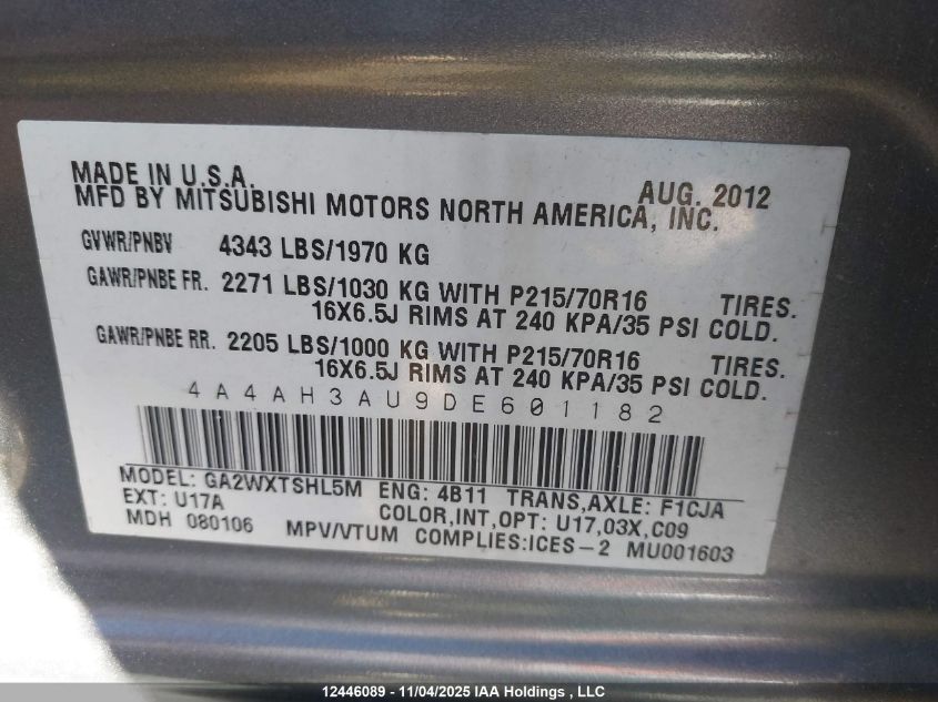 2013 Mitsubishi Rvr VIN: 4A4AH3AU9DE601182 Lot: 12446089