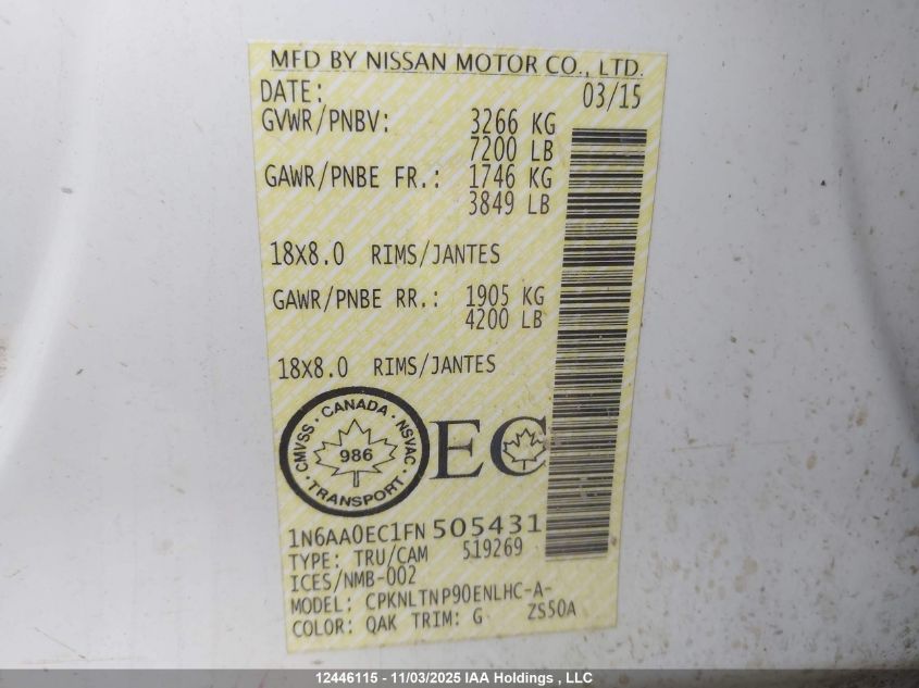 2015 Nissan Titan Pro-4X/S/Sl/Sv VIN: 1N6AA0EC1FN505431 Lot: 12446115