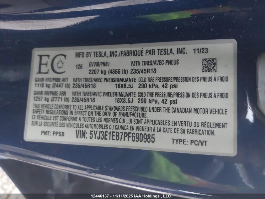 2023 Tesla Model 3 Long Range VIN: 5YJ3E1EB7PF690985 Lot: 12446137