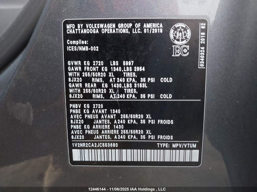 2018 Volkswagen Atlas Sel Premium VIN: 1V2NR2CA2JC553680 Lot: 12446144