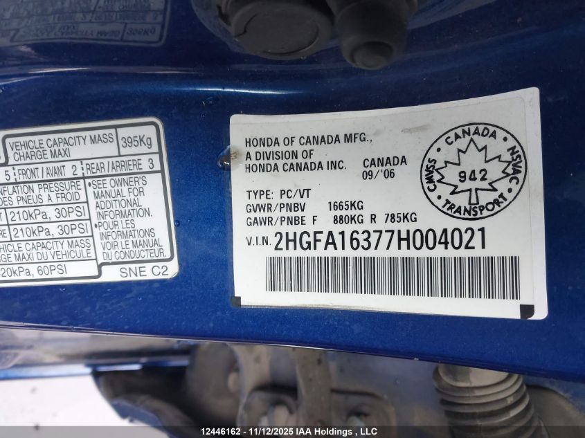 2007 Honda Civic Dx VIN: 2HGFA16377H004021 Lot: 12446162