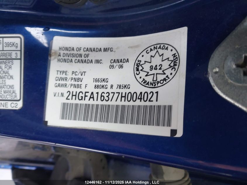 2007 Honda Civic Dx VIN: 2HGFA16377H004021 Lot: 12446162