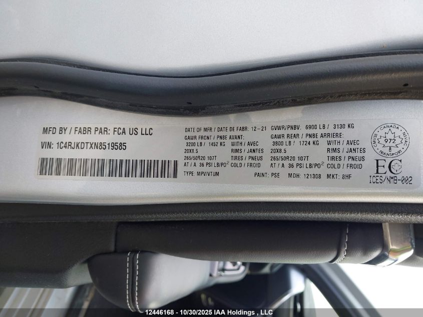 2022 Jeep Grand Cherokee L Overland VIN: 1C4RJKDTXN8519585 Lot: 12446168