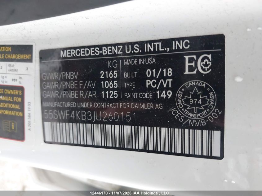 2018 Mercedes-Benz C 300 4Matic VIN: 55SWF4KB3JU260151 Lot: 12446170