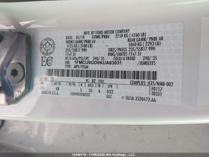 2019 Ford Escape Se VIN: 1FMCU9GD9KUA83031 Lot: 12446174