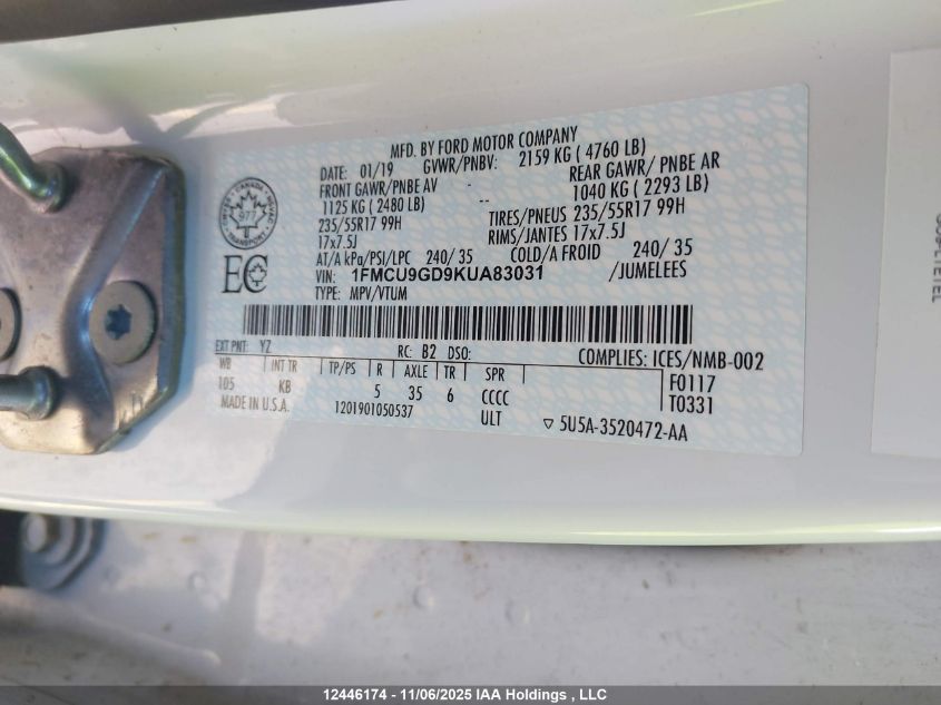 2019 Ford Escape Se VIN: 1FMCU9GD9KUA83031 Lot: 12446174