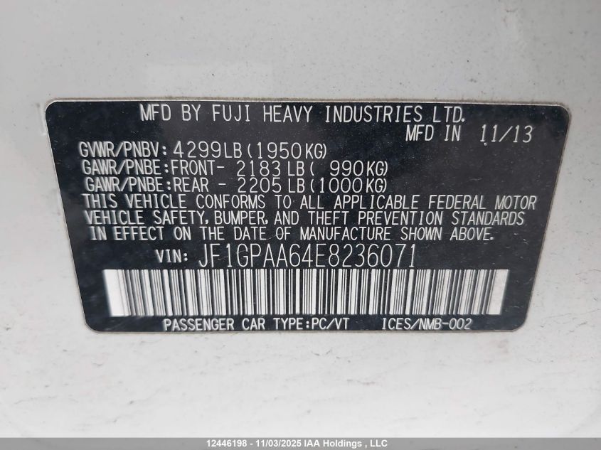 2014 Subaru Impreza VIN: JF1GPAA64E8236071 Lot: 12446198