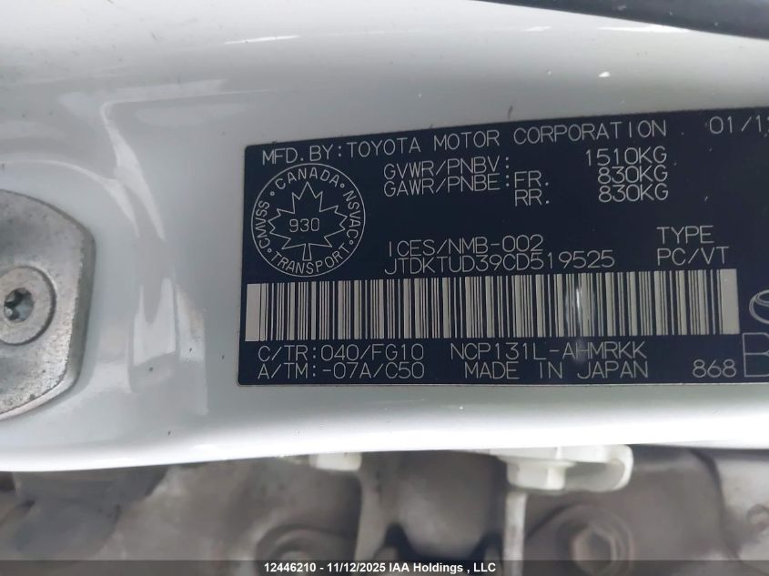 2012 Toyota Yaris Le VIN: JTDKTUD39CD519525 Lot: 12446210