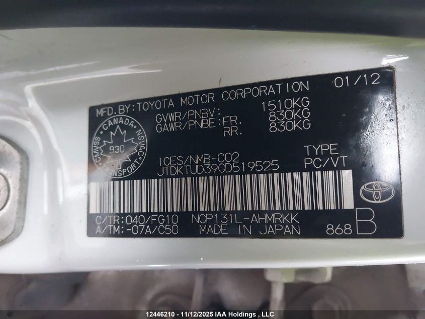 2012 Toyota Yaris Le VIN: JTDKTUD39CD519525 Lot: 12446210