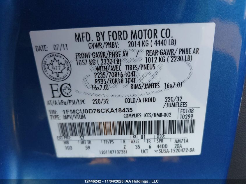 2012 Ford Escape Xlt VIN: 1FMCU0D76CKA18435 Lot: 12446242