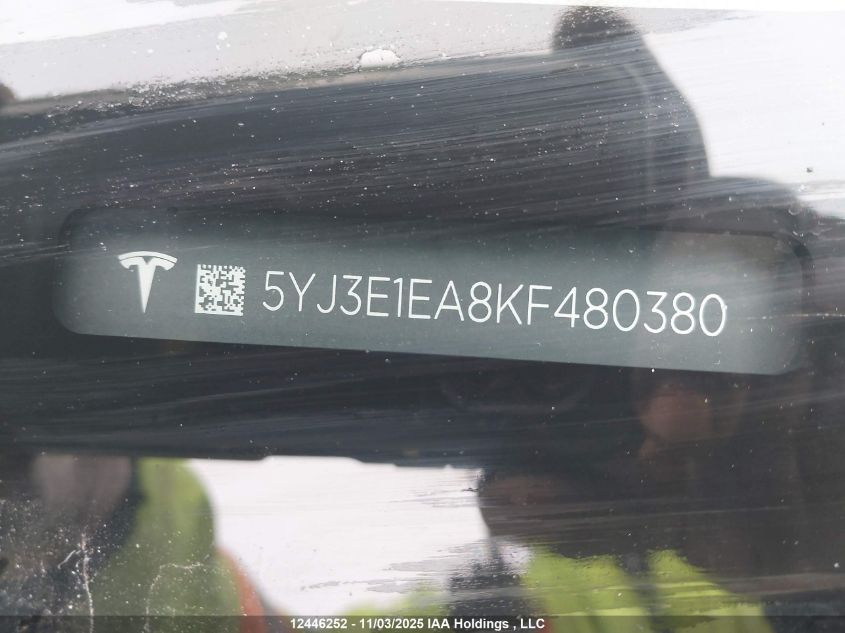 2019 Tesla Model 3 VIN: 5YJ3E1EA8KF480380 Lot: 12446252