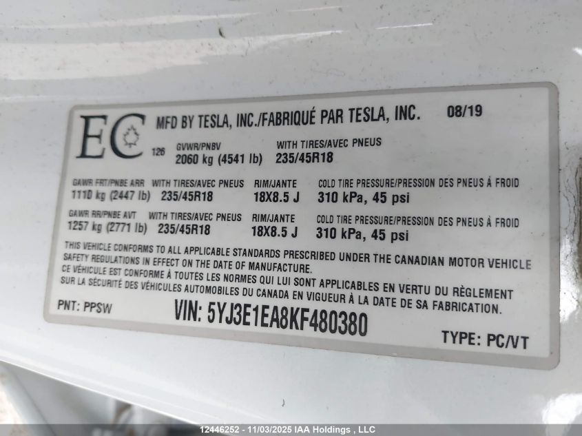 2019 Tesla Model 3 VIN: 5YJ3E1EA8KF480380 Lot: 12446252