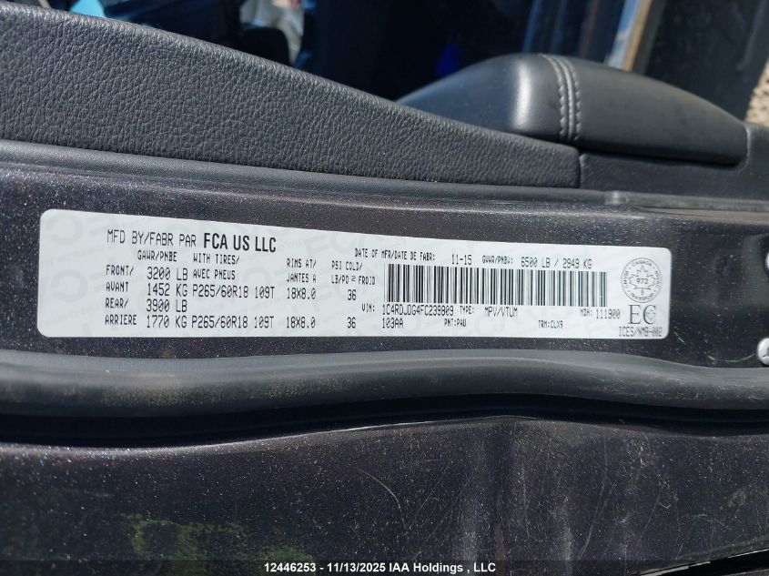 2015 Dodge Durango Limited VIN: 1C4RDJDG4FC239809 Lot: 12446253