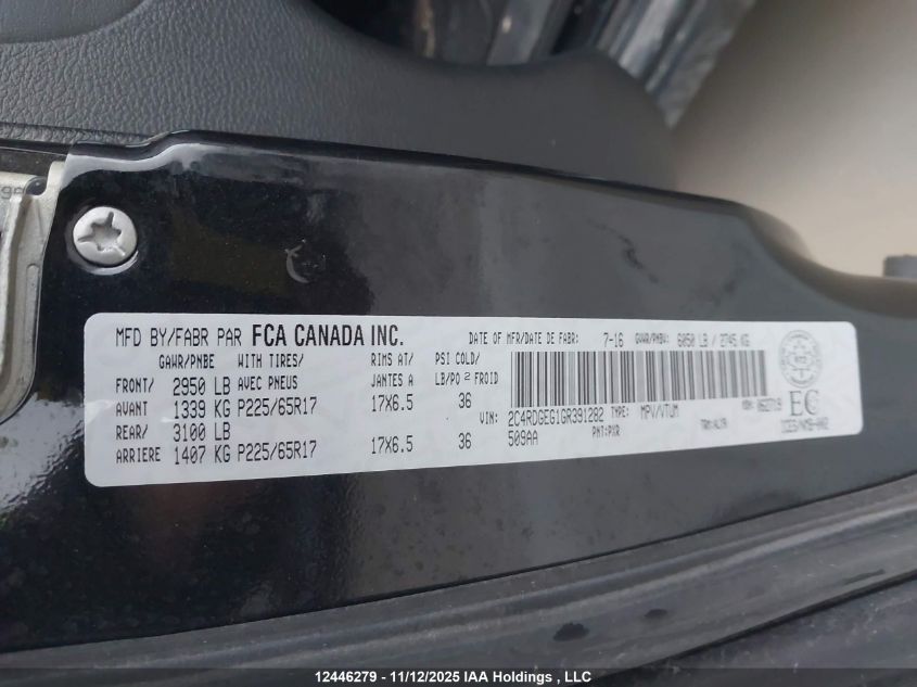 2016 Dodge Grand Caravan R/T VIN: 2C4RDGEG1GR391282 Lot: 12446279