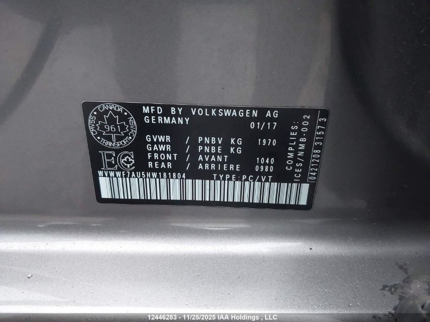 2017 Volkswagen Golf R 2.0 Tsi VIN: WVWWF7AU5HW181804 Lot: 12446283