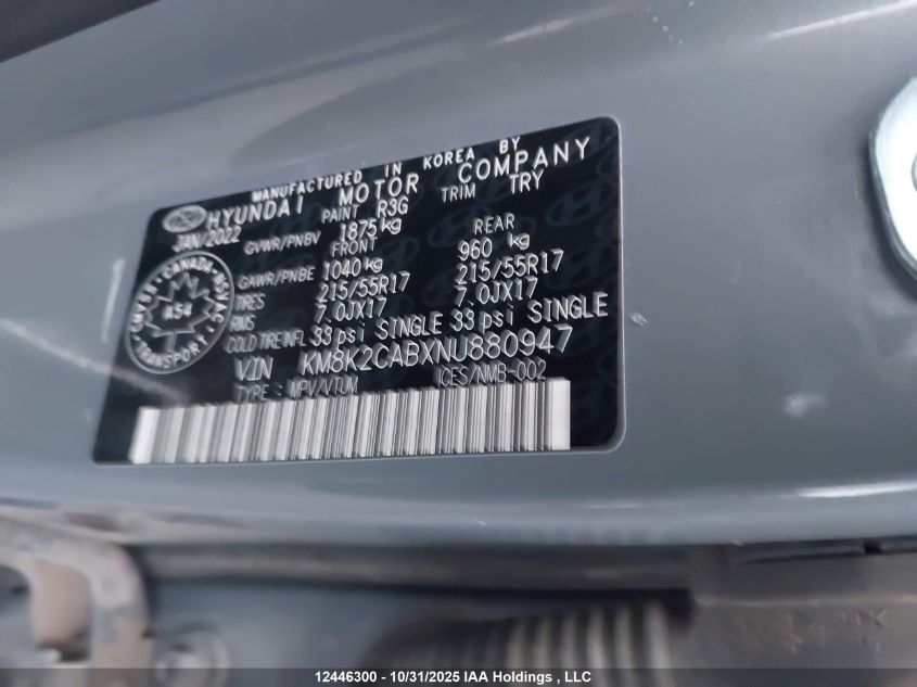 2022 Hyundai Kona Sel/Se VIN: KM8K2CABXNU880947 Lot: 12446300