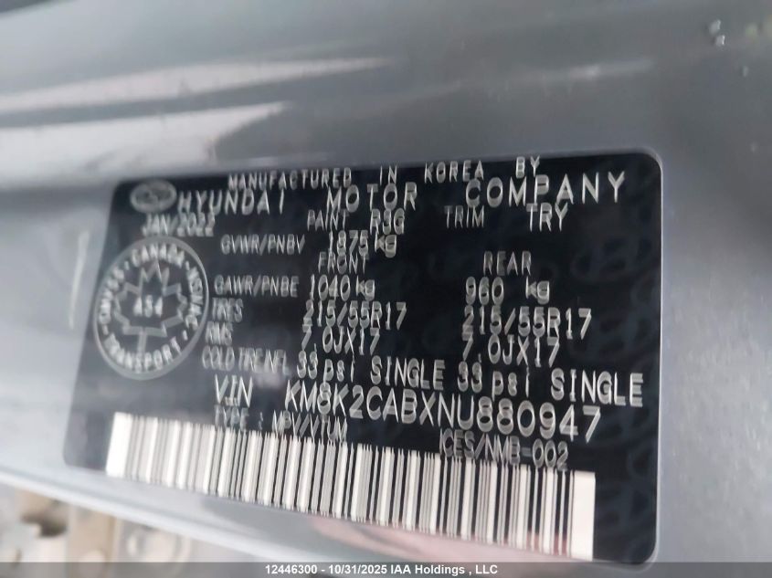 2022 Hyundai Kona Sel/Se VIN: KM8K2CABXNU880947 Lot: 12446300