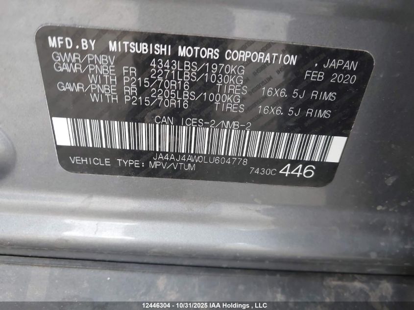 2020 Mitsubishi Rvr VIN: JA4AJ4AW0LU604778 Lot: 12446304