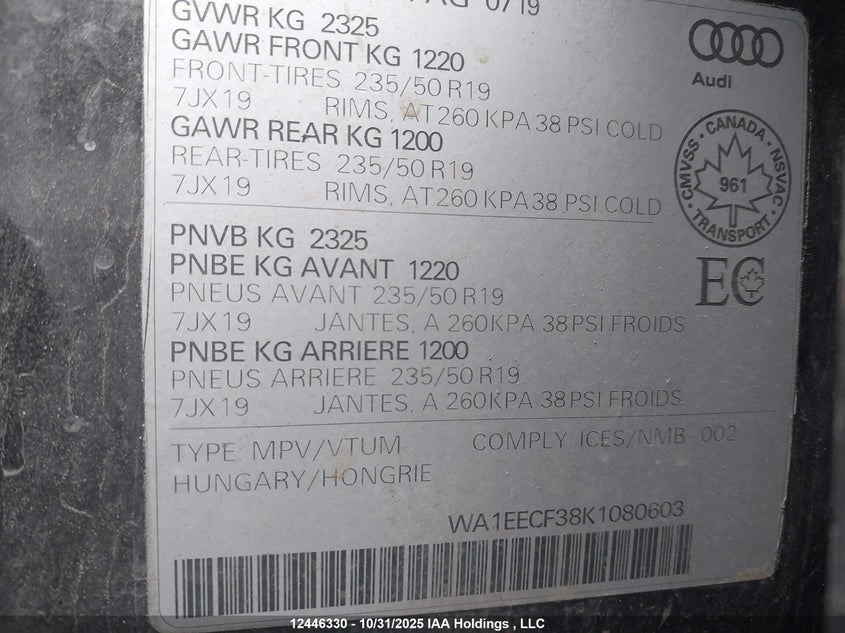 2019 Audi Q3 2.0T Progressiv VIN: WA1EECF38K1080603 Lot: 12446330