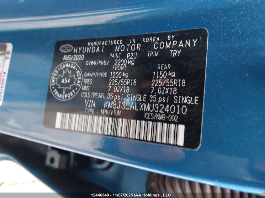 2021 Hyundai Tucson Limited/Sel/Sport/Ultimate/Value VIN: KM8J3CALXMU324010 Lot: 12446340