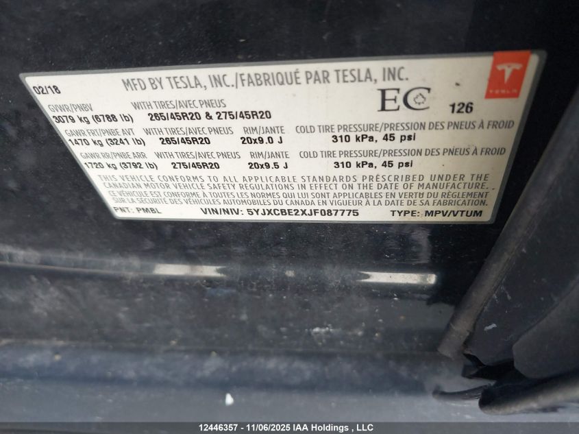 2018 Tesla Model X 100D/75D/P100D VIN: 5YJXCBE2XJF087775 Lot: 12446357